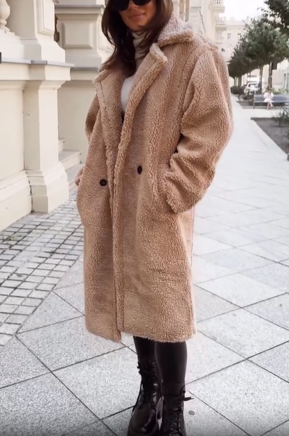 Long Shearling Coat with Oversized Pockets