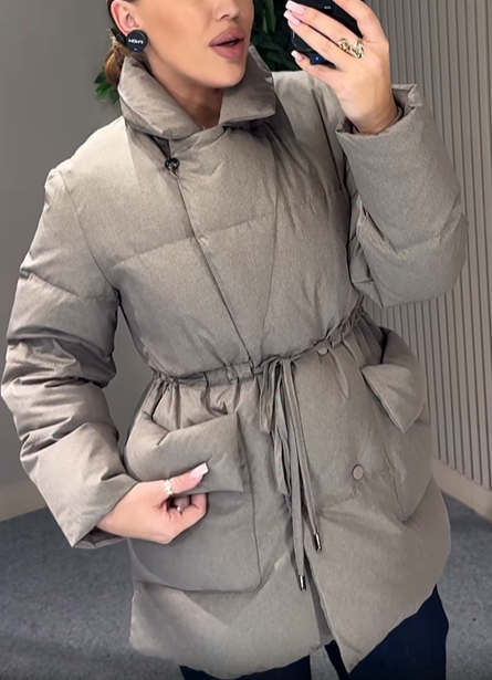 Collared Puffer Coat with Drawstring Waist