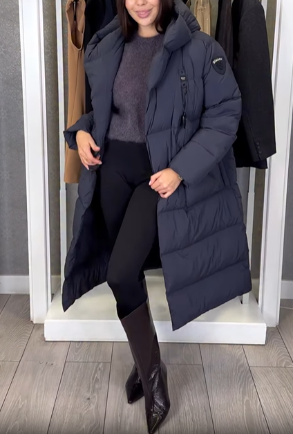Hooded Long-Length Puffer Coat with Magnetic Closure