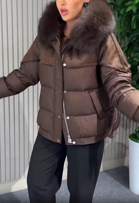 Cropped Puffer Jacket with Faux Fur Collar & Suede Panel Detailing