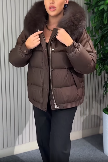 Cropped Puffer Jacket with Faux Fur Collar & Suede Panel Detailing