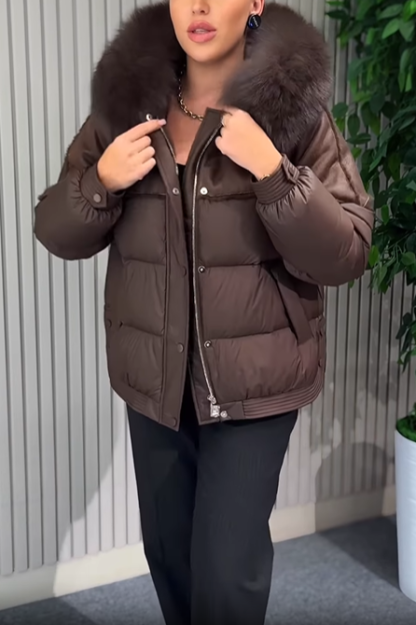 Cropped Puffer Jacket with Faux Fur Collar & Suede Panel Detailing