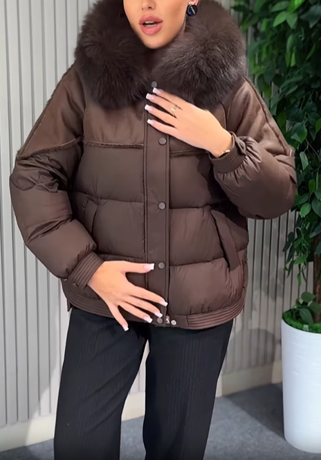 Cropped Puffer Jacket with Faux Fur Collar & Suede Panel Detailing