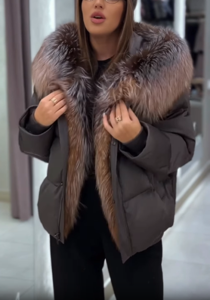 Oversized Cropped Puffer Jacket with Faux Fur Collar & Hood