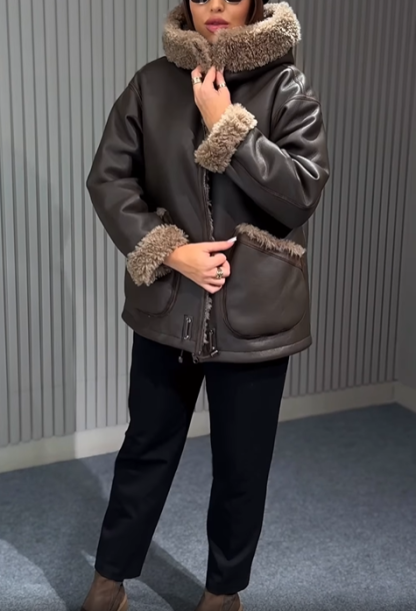 Faux Leather Shearling-Trim Parka