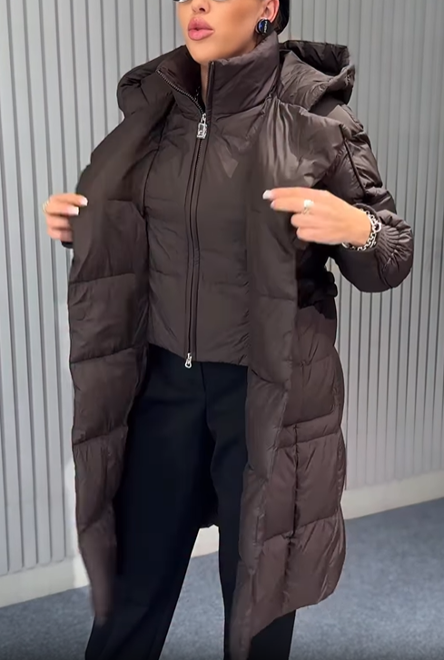 Layered Puffer Coat with Magnetic Snap Closure & Integrated Vest