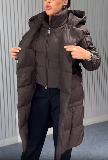 Layered Puffer Coat with Magnetic Snap Closure & Integrated Vest