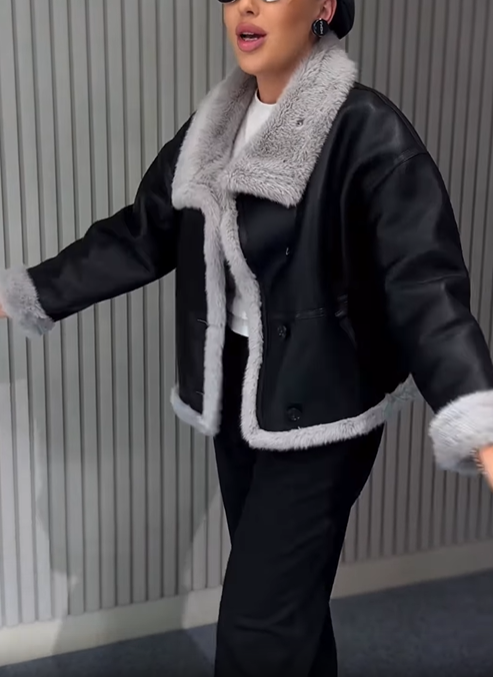 Faux Leather Shearling-Lined Jacket