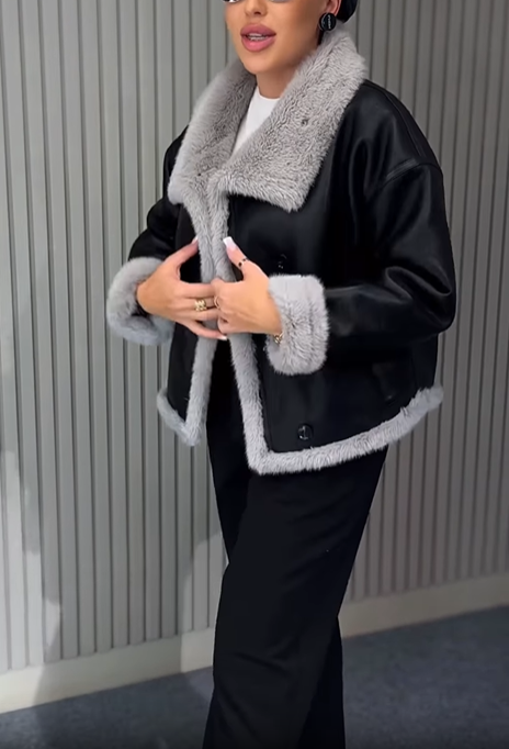 Faux Leather Shearling-Lined Jacket