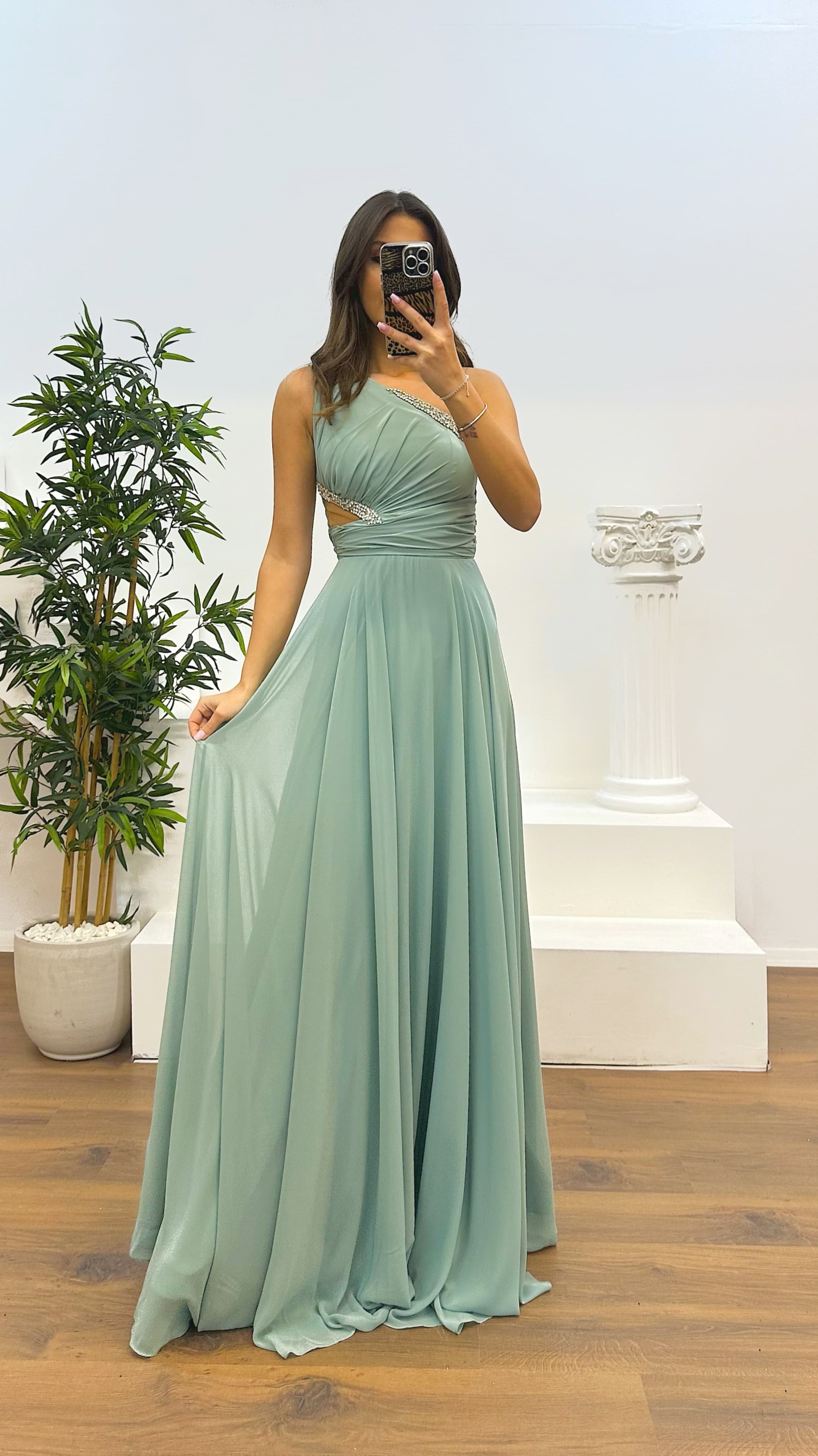 One Shoulder Waist Sheer Evening Dress
