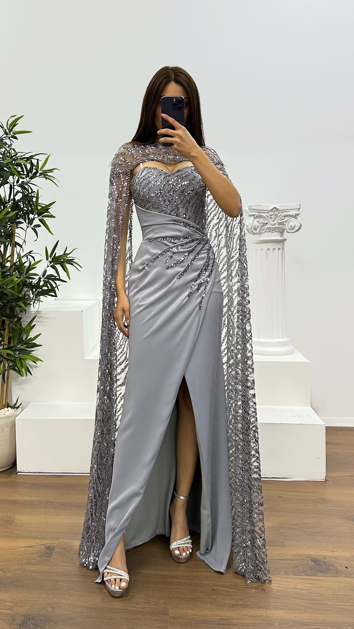 Strapless Embroidered Cape Evening Dress