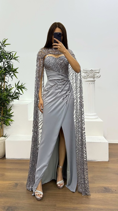 Strapless Embroidered Cape Evening Dress