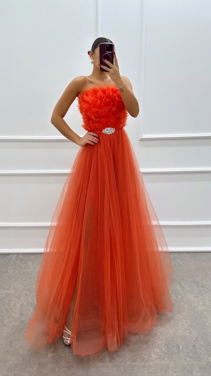 YELLOW STRAPLESS CHEST DETAIL BROOCH TULLE DRESS