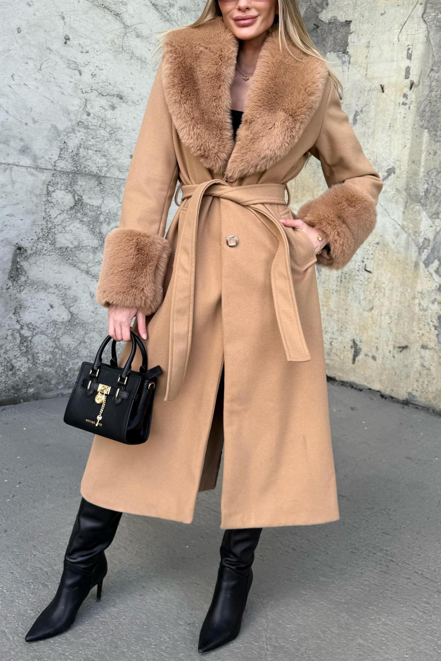 Wool - Blend Coat with Faux Fur Accents