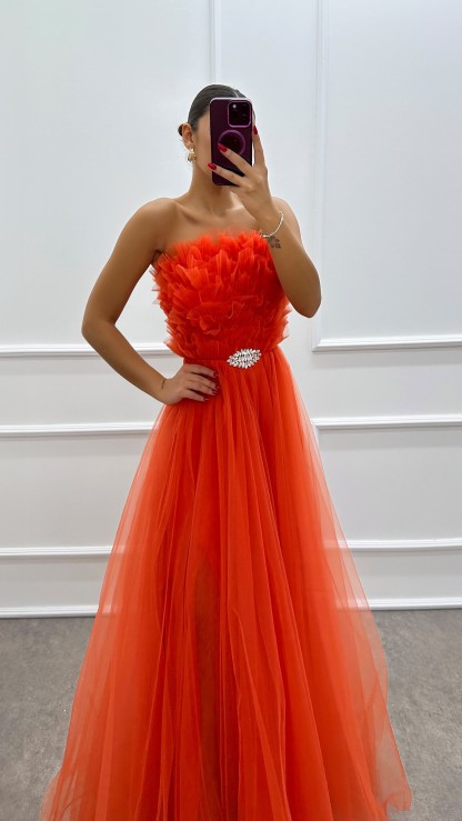 YELLOW STRAPLESS CHEST DETAIL BROOCH TULLE DRESS