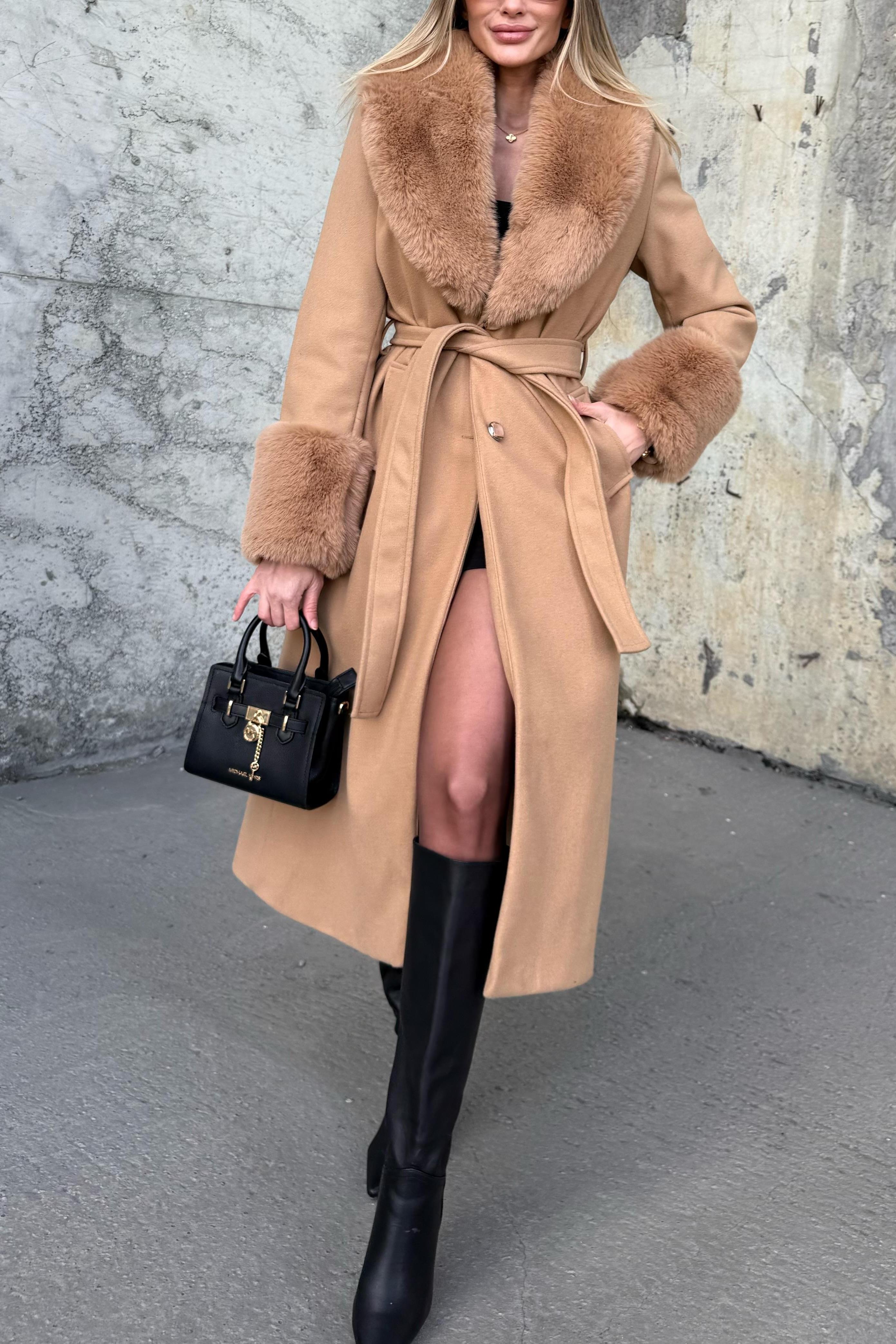 Wool - Blend Coat with Faux Fur Accents