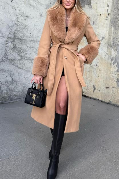 Wool - Blend Coat with Faux Fur Accents