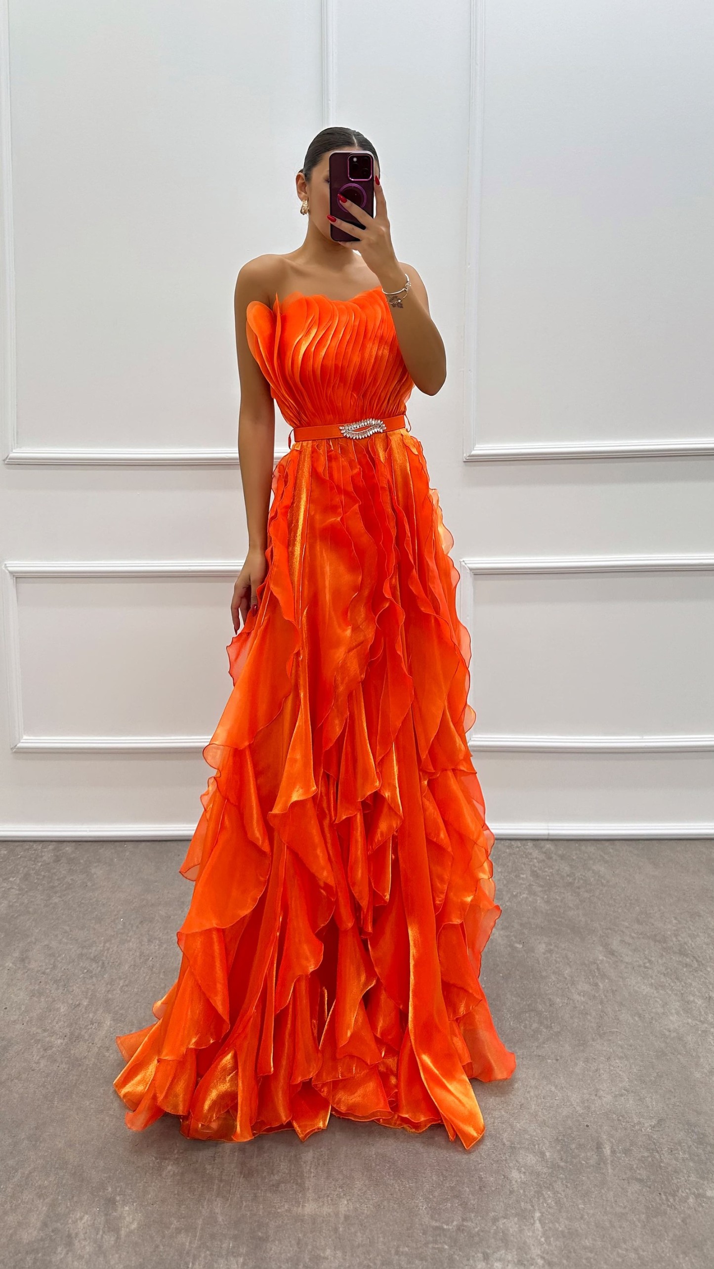 ORANGE STRAPLESS FLYWHEEL DETAIL BELTED EVENING DRESS