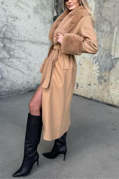 Wool - Blend Coat with Faux Fur Accents