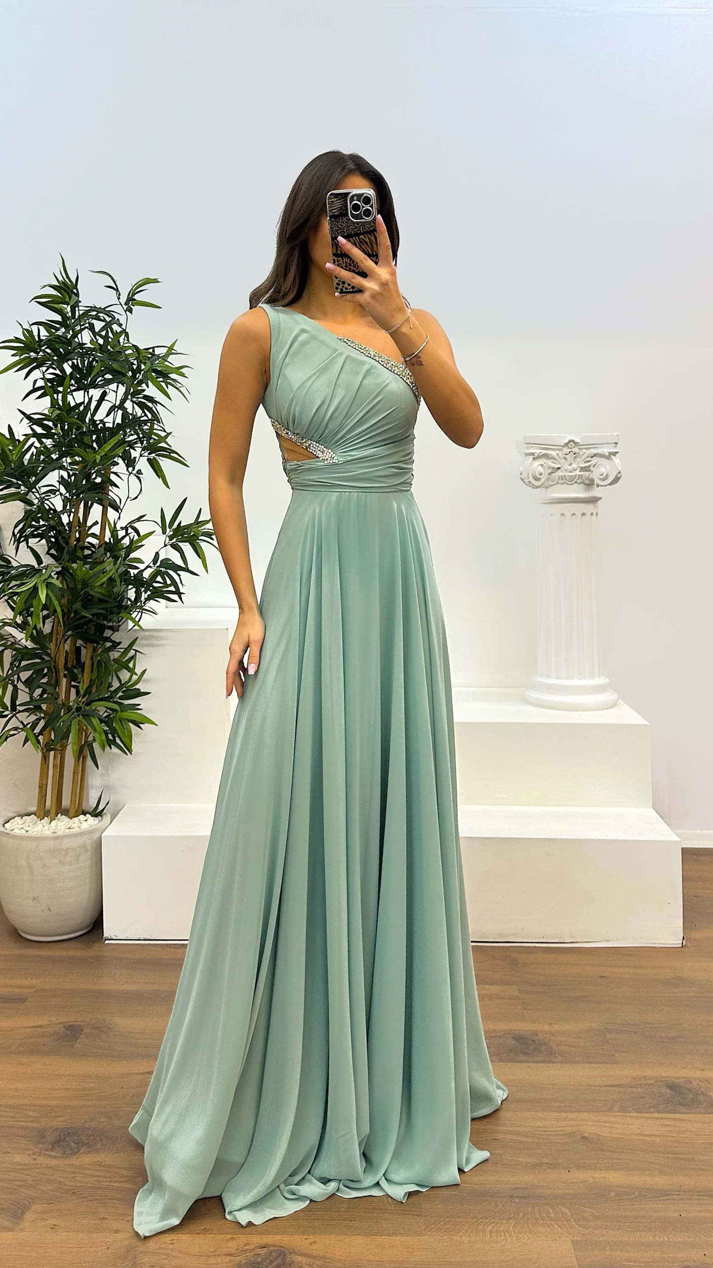 One Shoulder Waist Sheer Evening Dress