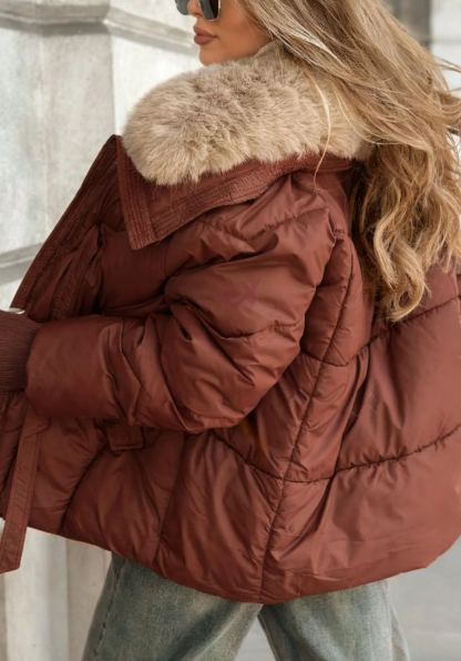 Faux Fur-Collar Puffer Coat with Metal Buckle Details