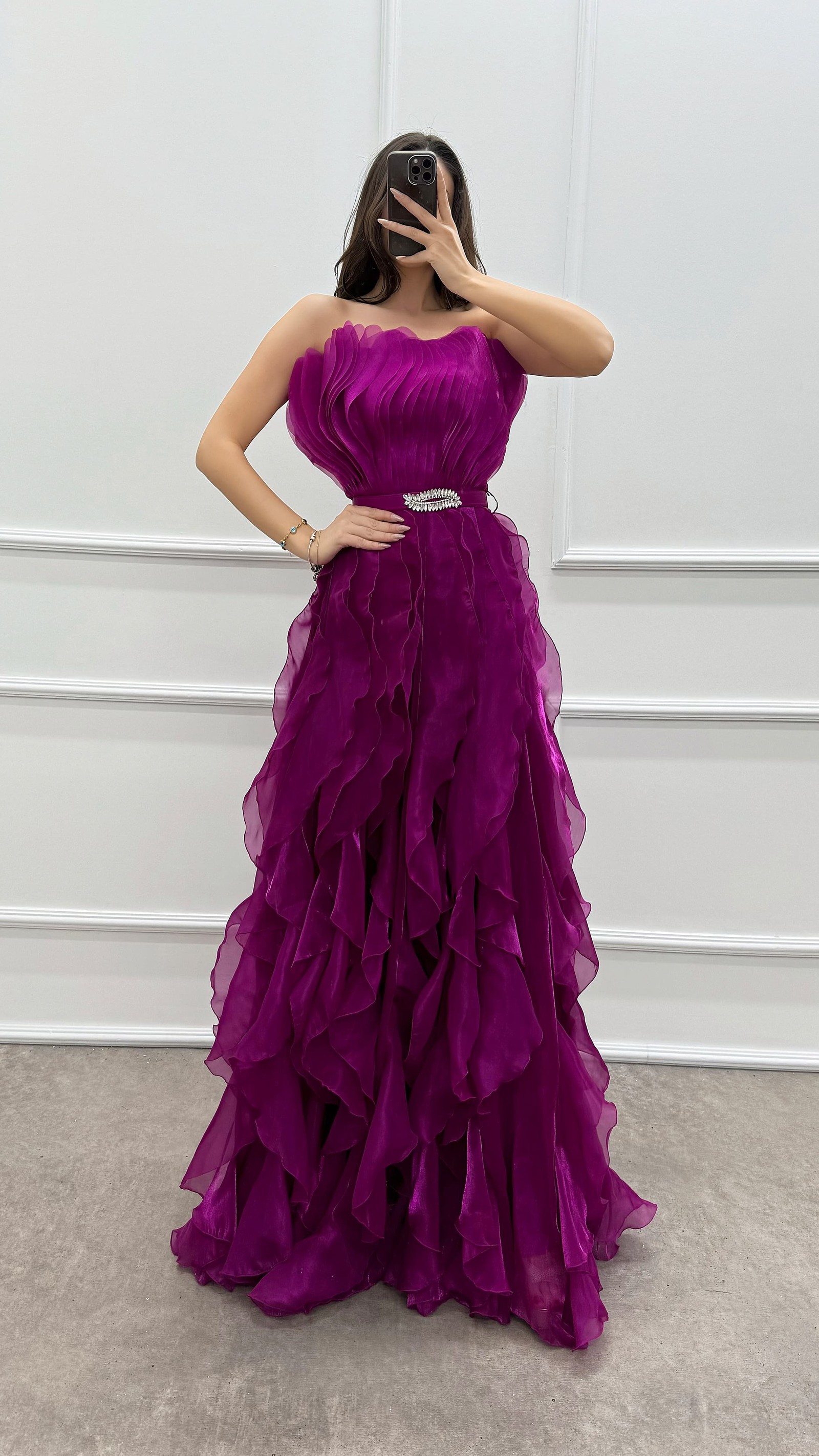 ORANGE STRAPLESS FLYWHEEL DETAIL BELTED EVENING DRESS