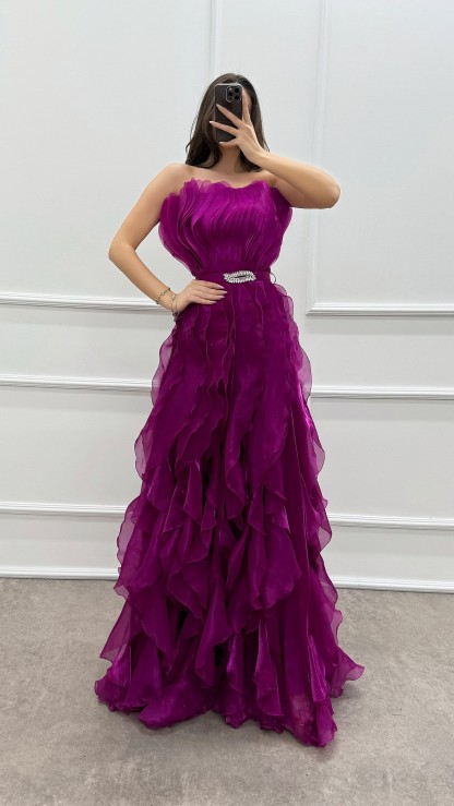 ORANGE STRAPLESS FLYWHEEL DETAIL BELTED EVENING DRESS