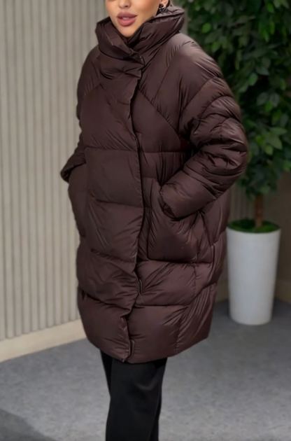 Black Mid-Length Puffer Coat with Magnetic Snap & Hidden Zipper