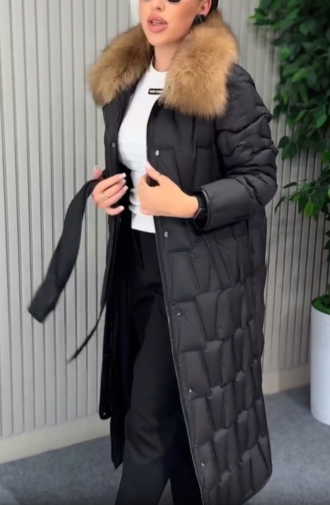 Floor-Length Quilted Puffer Coat with Faux Fur Collar & Belt