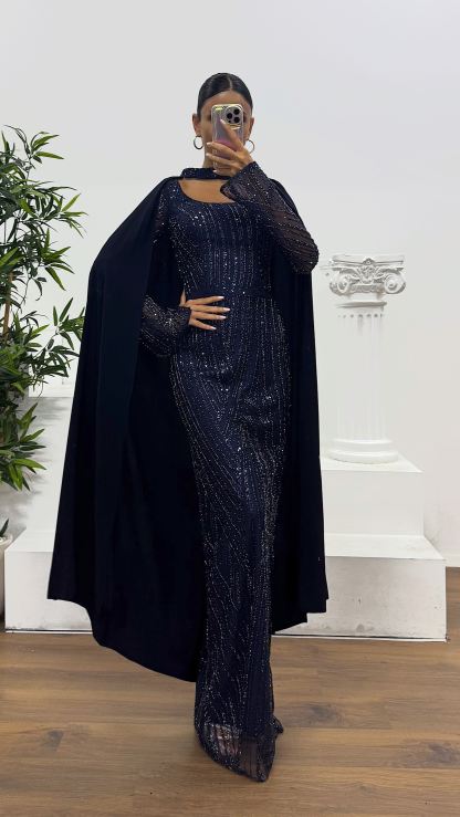 Cape Embroidered Evening Dress