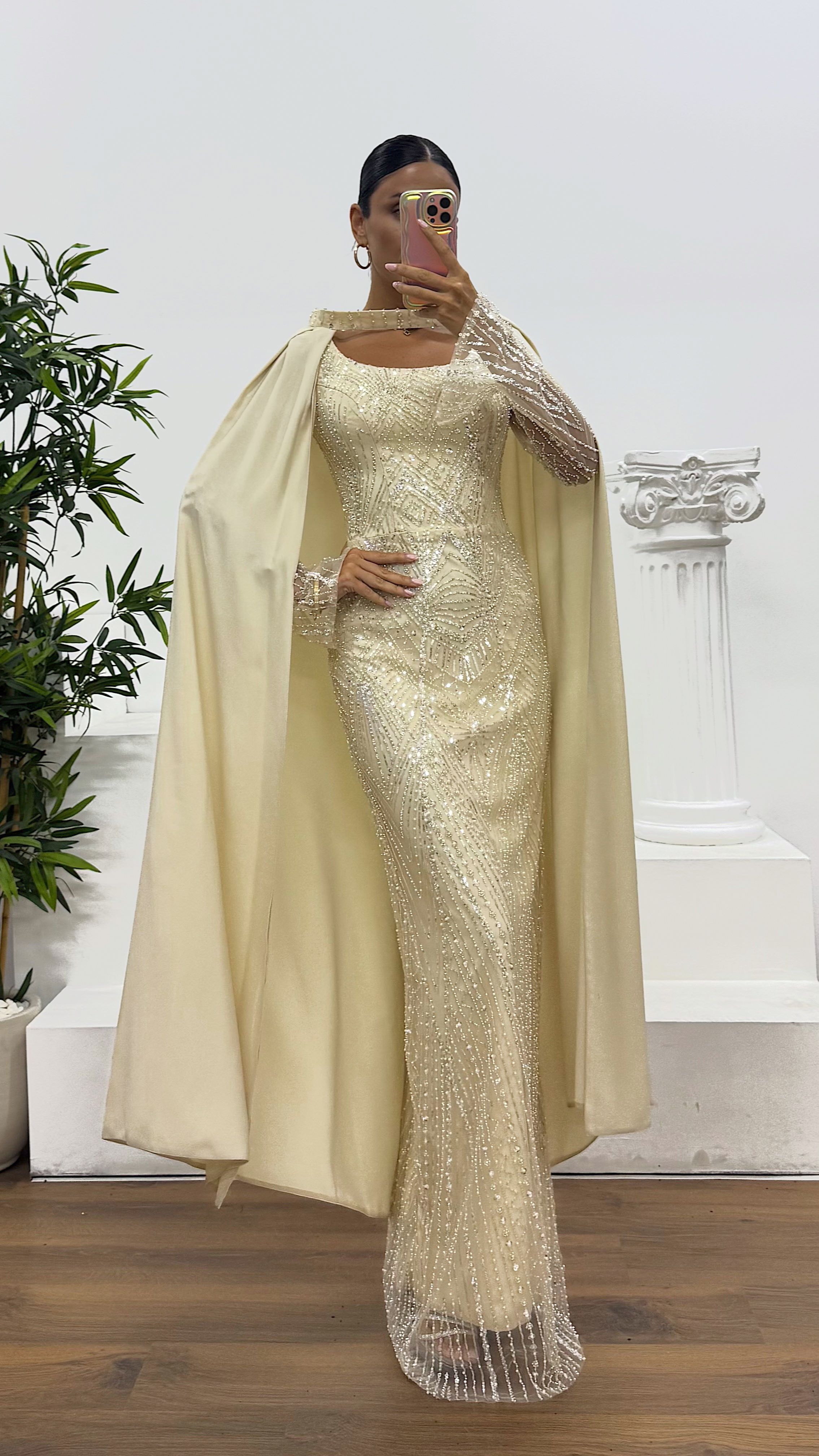 Cape Embroidered Evening Dress