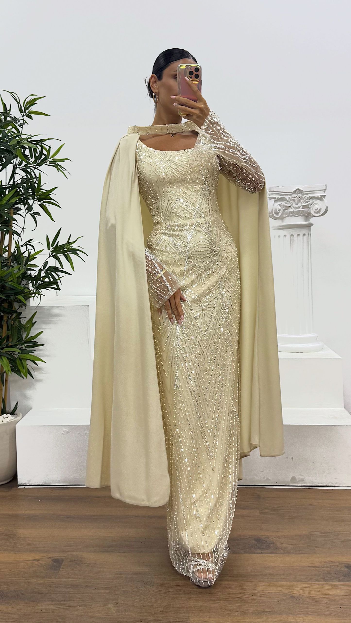 Cape Embroidered Evening Dress