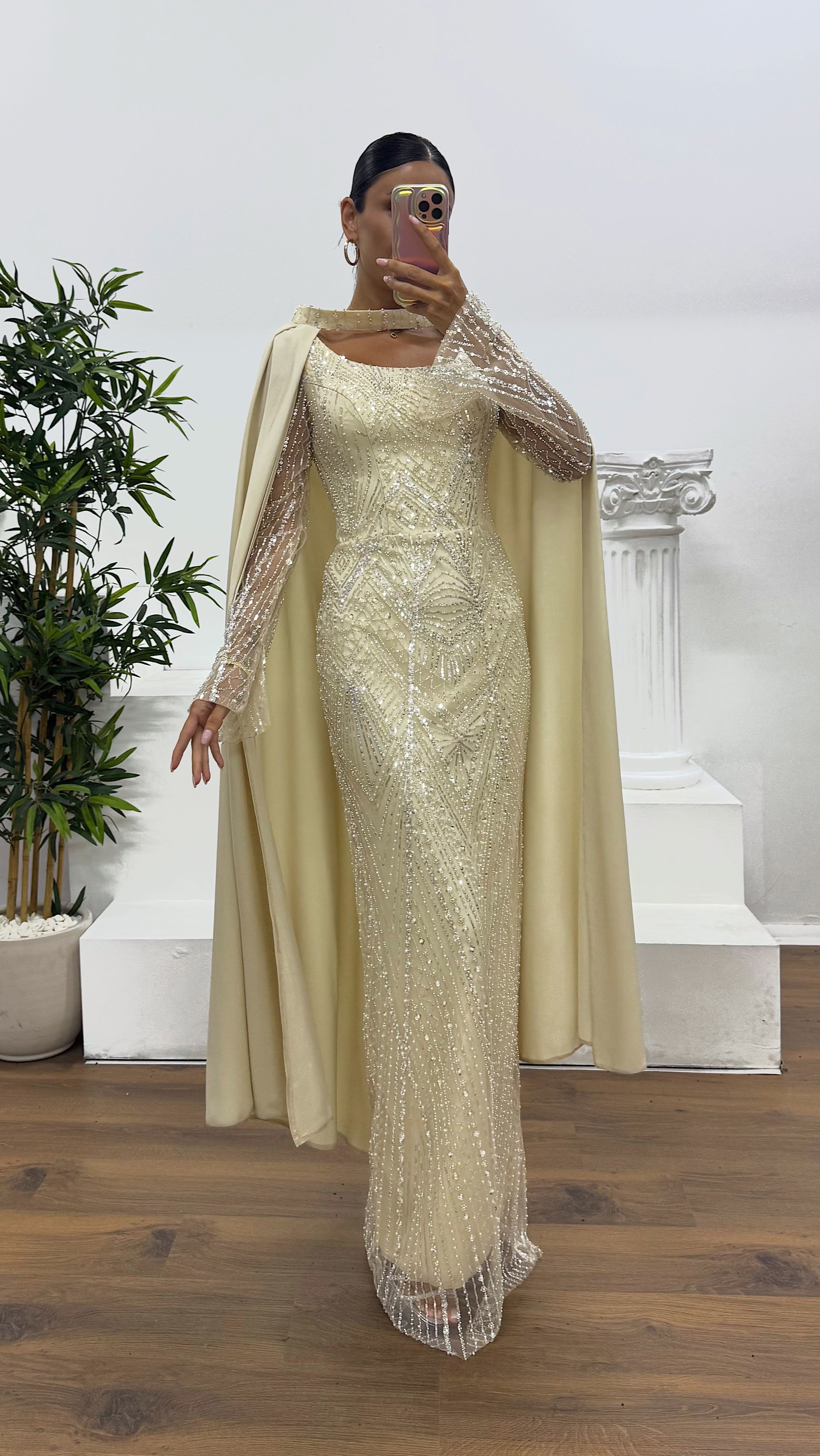 Cape Embroidered Evening Dress