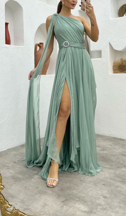ONE SHOULDER BELT DETAIL DESIGN CHIFFON DRESS