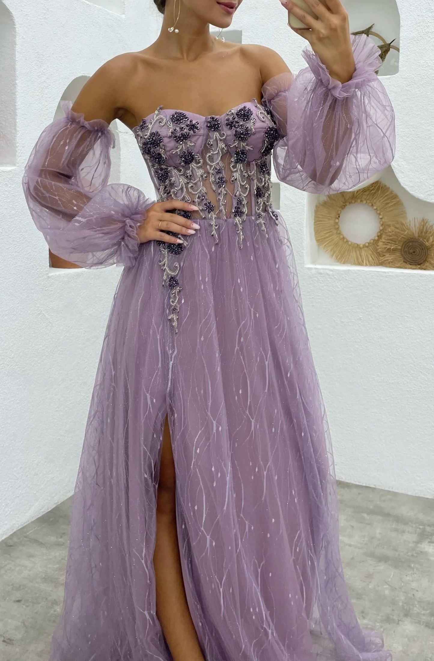 EMBROIDERY DETAIL TULLE EVENING DRESS