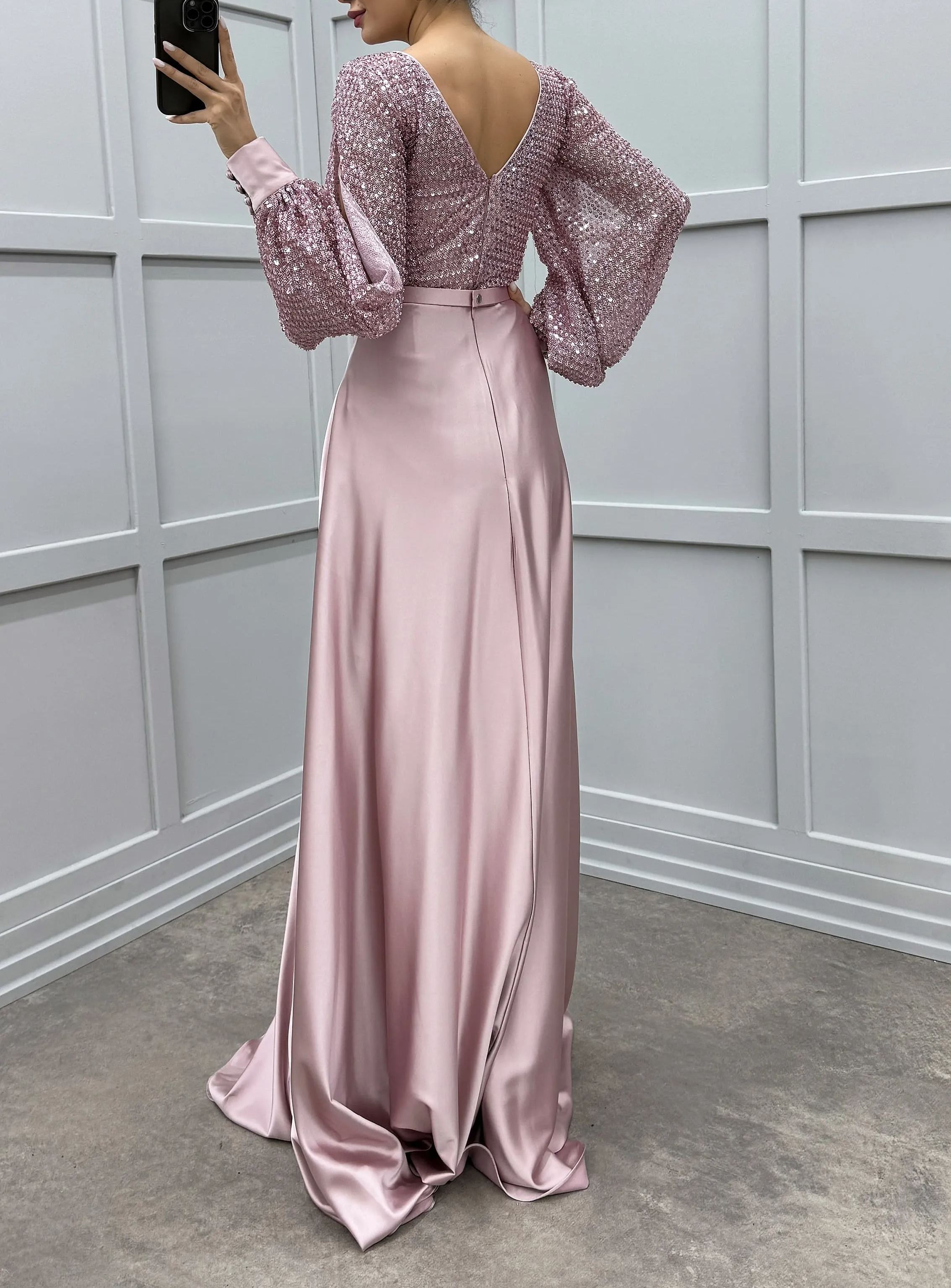 BALLOON SLEEVE CHEST SEQUIN DESIGN SATIN EVENING DRESS
