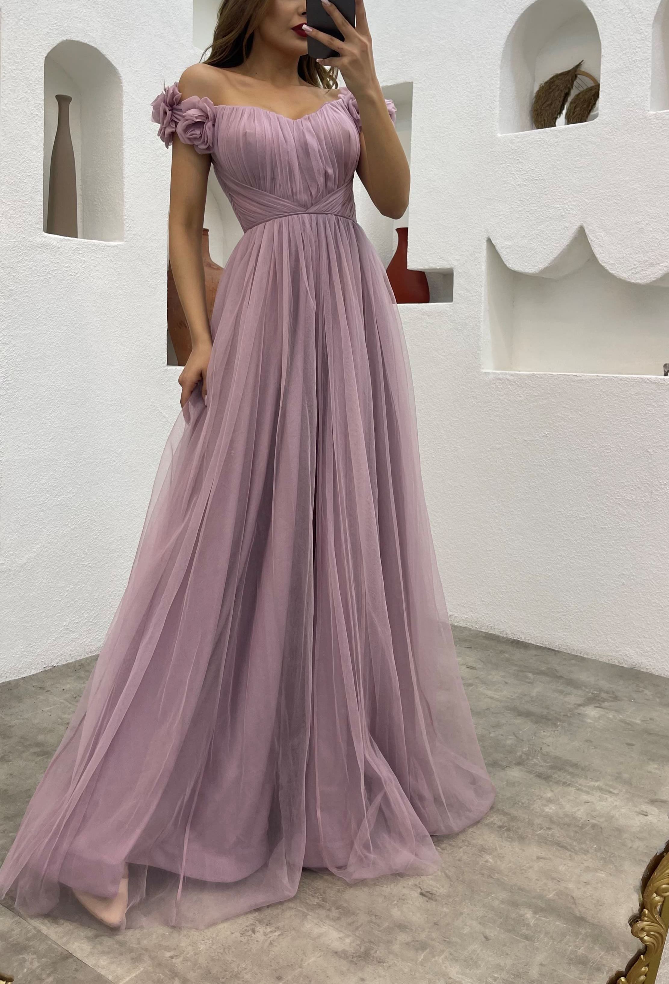 Shoulders Volan Detail Draped Tulle Evening Dress