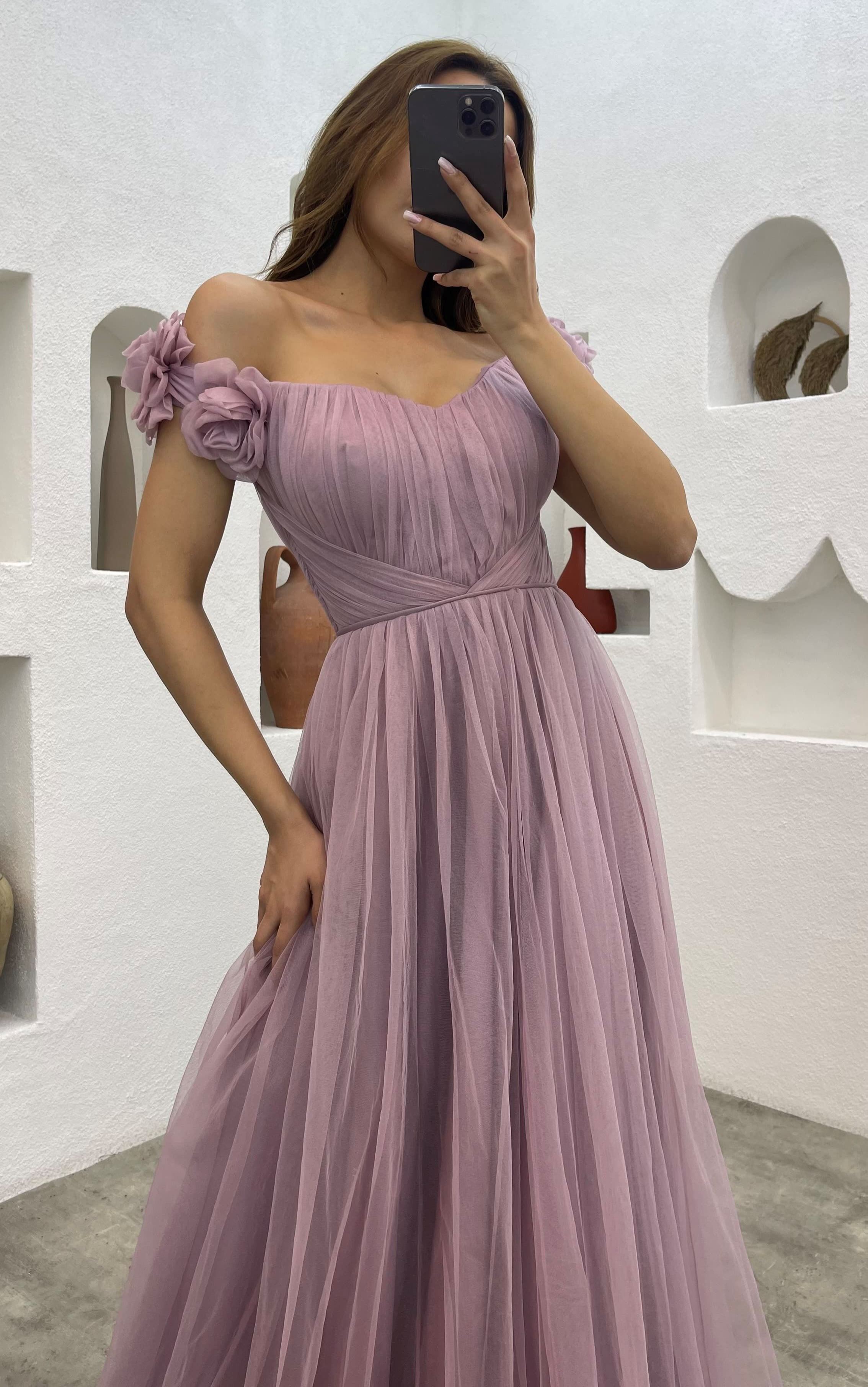 Shoulders Volan Detail Draped Tulle Evening Dress