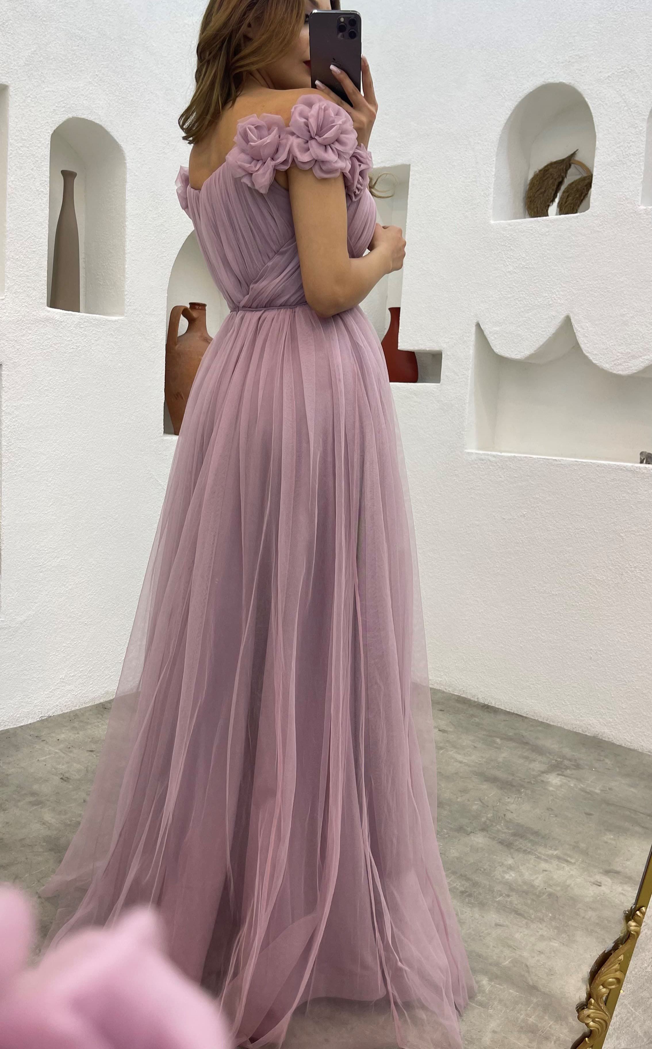 Shoulders Volan Detail Draped Tulle Evening Dress