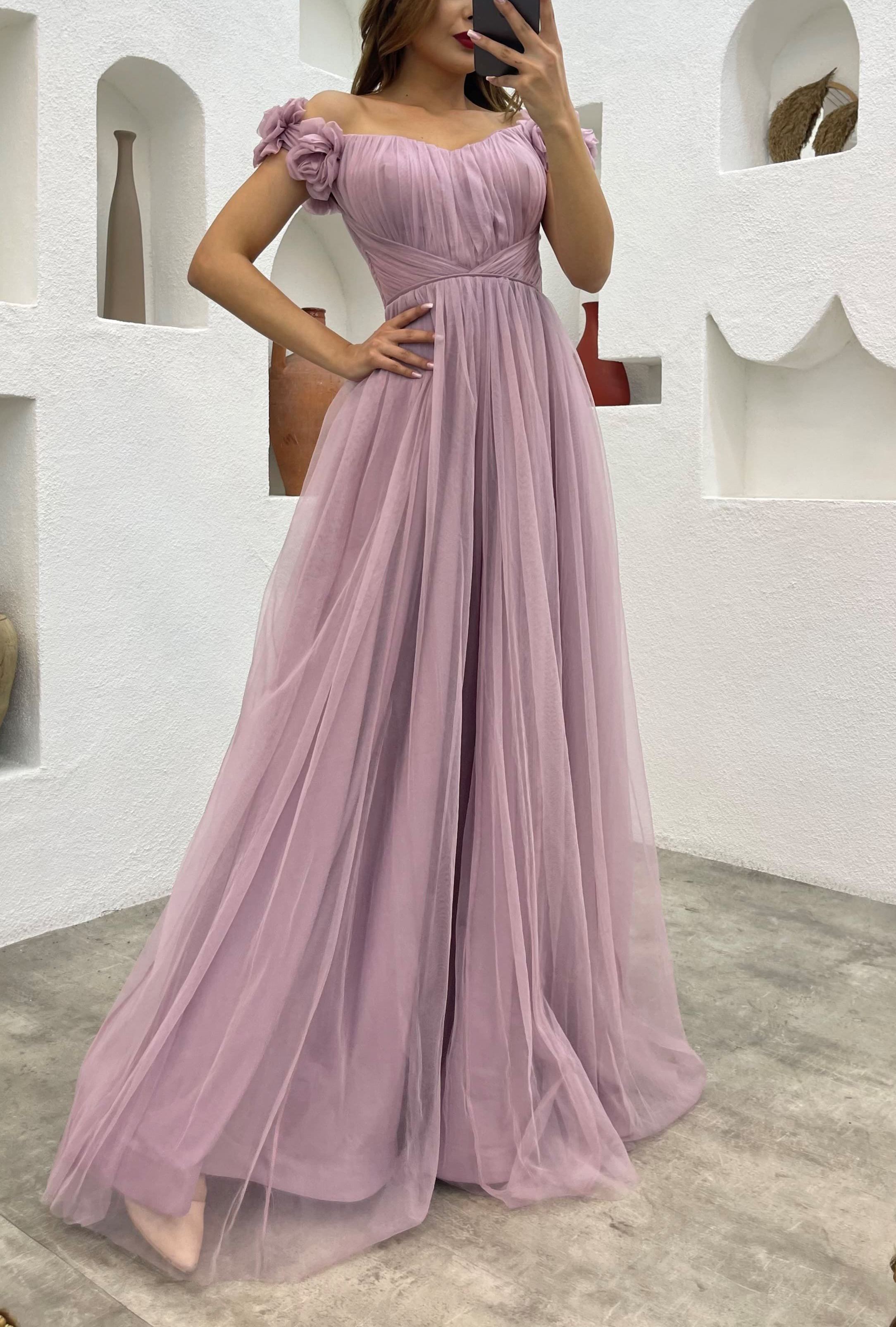 Shoulders Volan Detail Draped Tulle Evening Dress