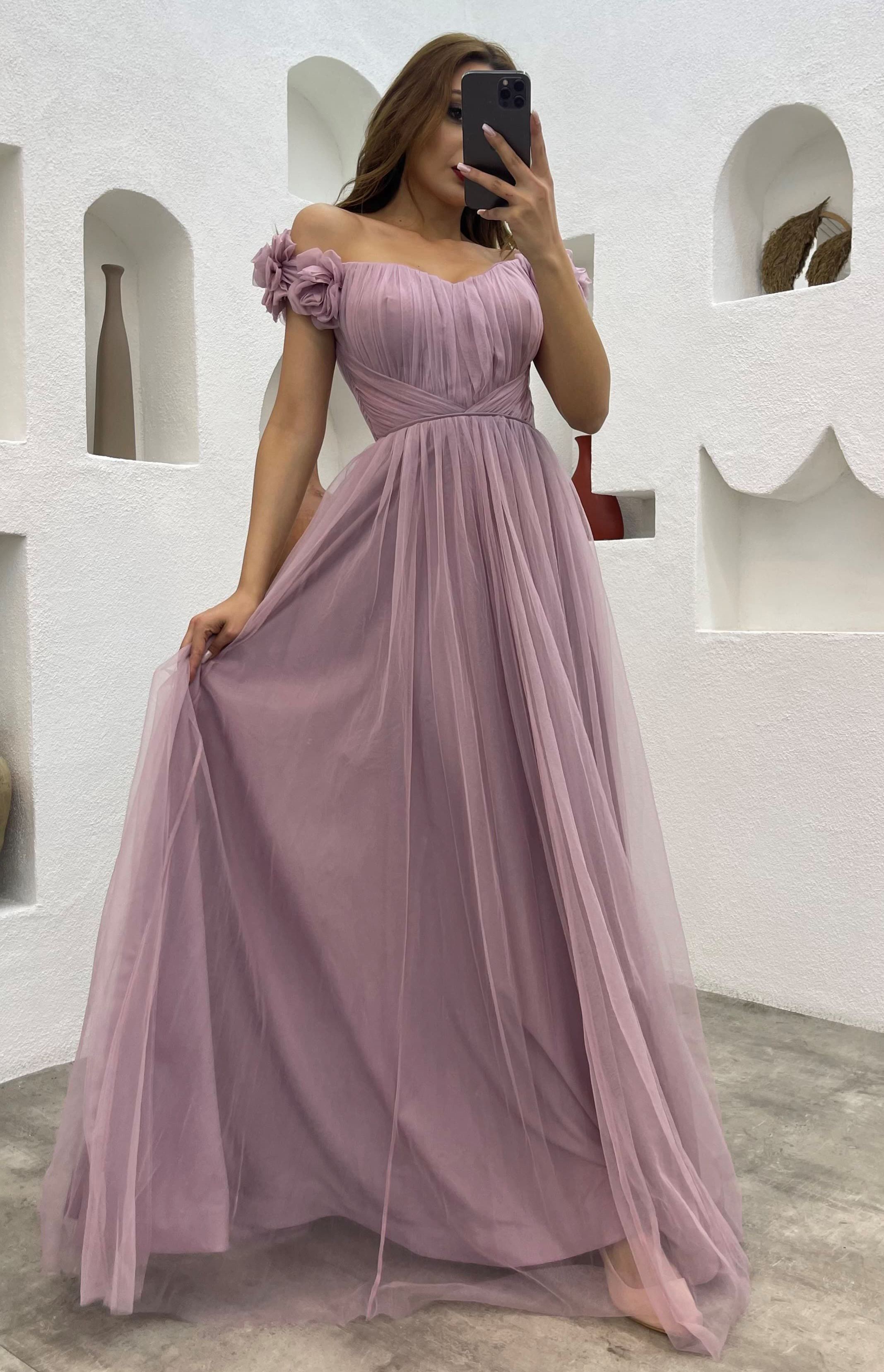 Shoulders Volan Detail Draped Tulle Evening Dress