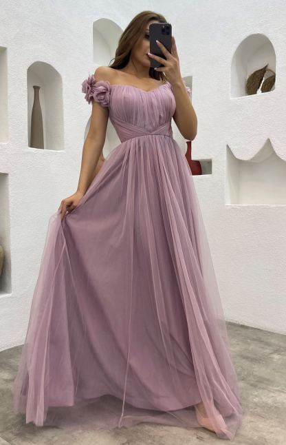 Shoulders Volan Detail Draped Tulle Evening Dress