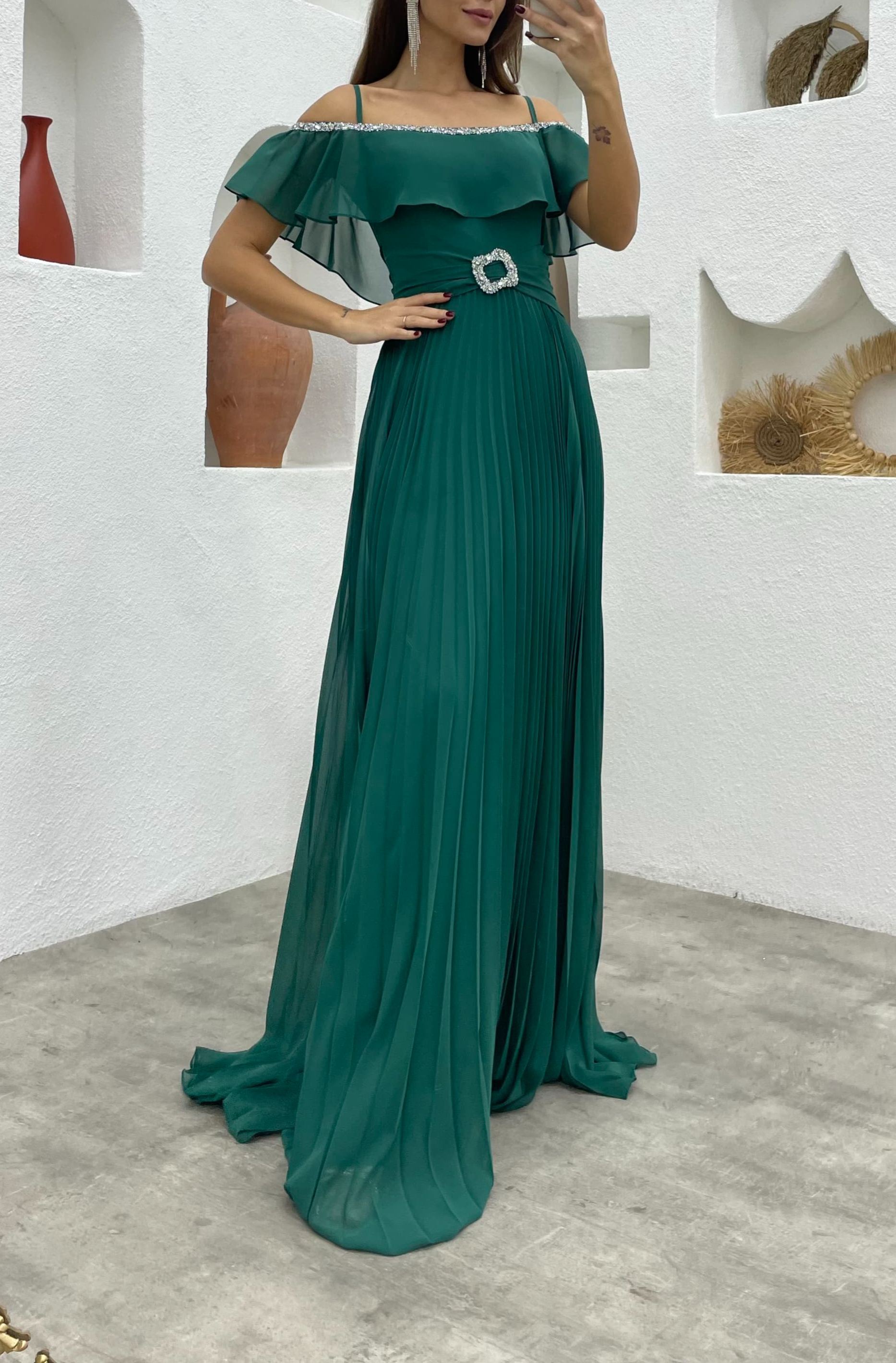 Rope Strap Embroidered Detail Brooch Chiffon Evening Dress