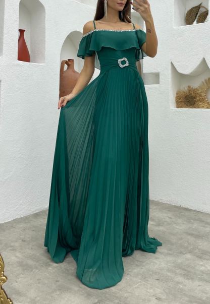 Rope Strap Embroidered Detail Brooch Chiffon Evening Dress