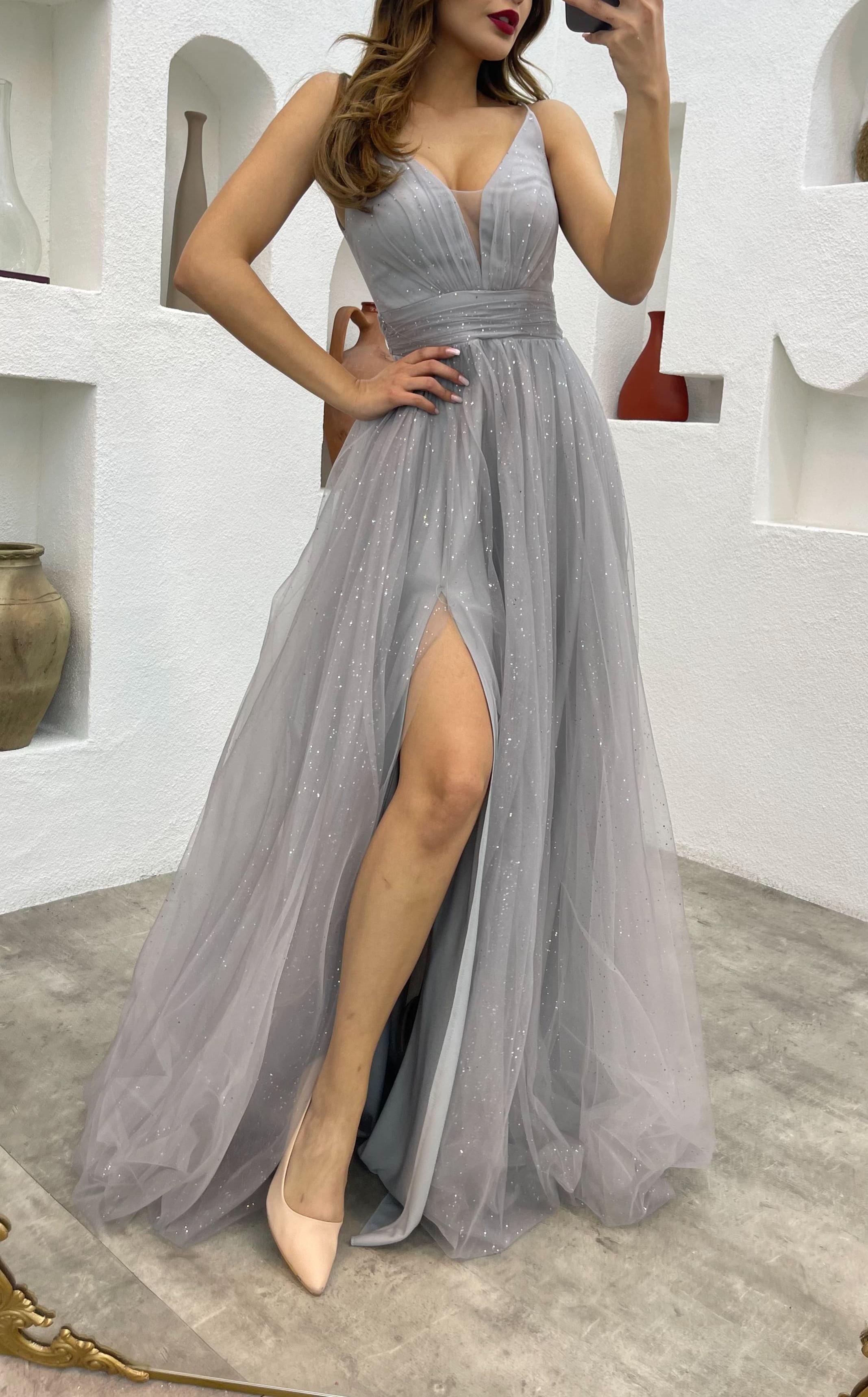 Rope Strap Draped Glittery Tulle Evening Dress