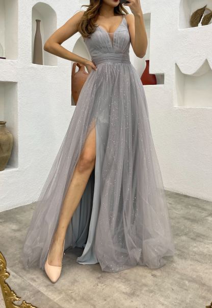 Rope Strap Draped Glittery Tulle Evening Dress