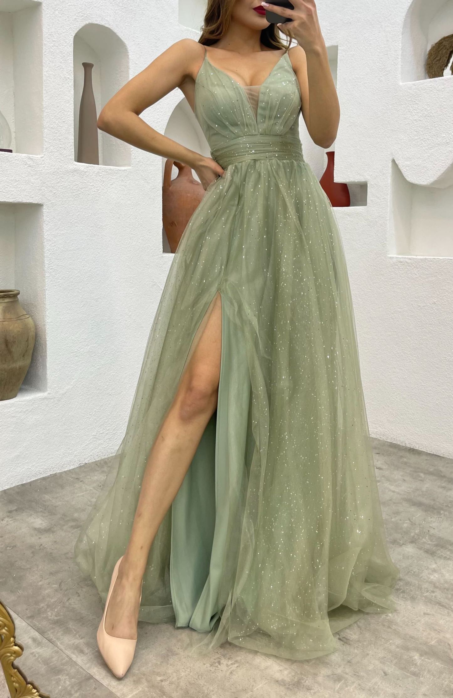 Rope Strap Draped Glittery Tulle Evening Dress