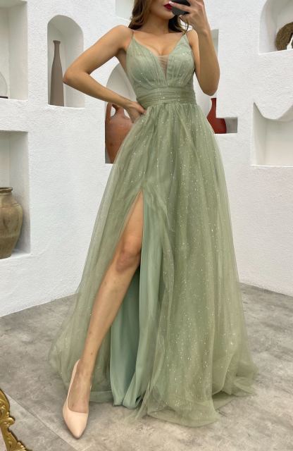 Rope Strap Draped Glittery Tulle Evening Dress