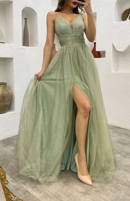 Rope Strap Draped Glittery Tulle Evening Dress