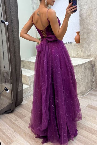 Rope Strap Draped Glittery Tulle Evening Dress